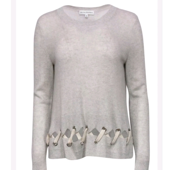 White and Warner Cashmere Laced Scallop Hem Crew Neck  Sweater Size Medium Gray - Picture 1 of 9